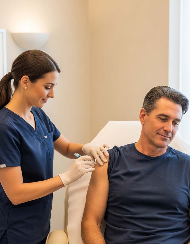 Photo of a Caucasian female nurse administering a vitamin boost injection to a Caucasian male patient