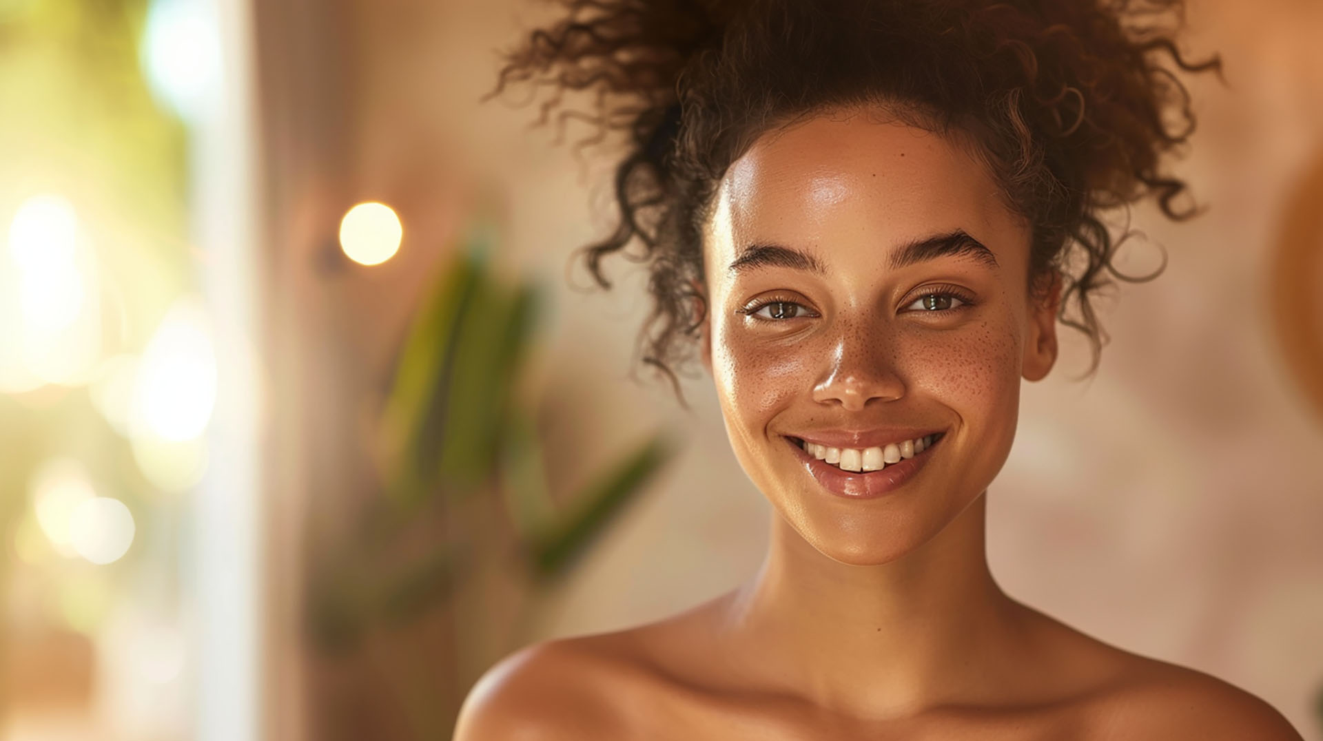 Photo of an African American woman smiling. She is fresh-faced with no make up, with freckles on her cheeks and nose.