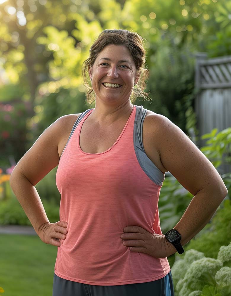 Woman wearing a pink tank top is standing outside in her backyard. The grass and shubs are green, and the spring flowers are in full bloom behind her.